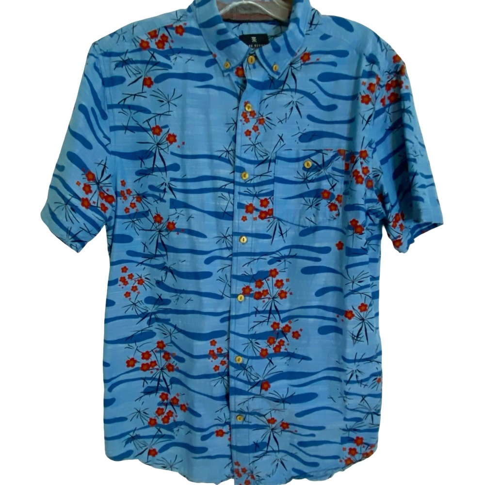 Roark Revival Mens Blue Cotton Tropical Summer Vacation Button Up Shirt-Sz-L